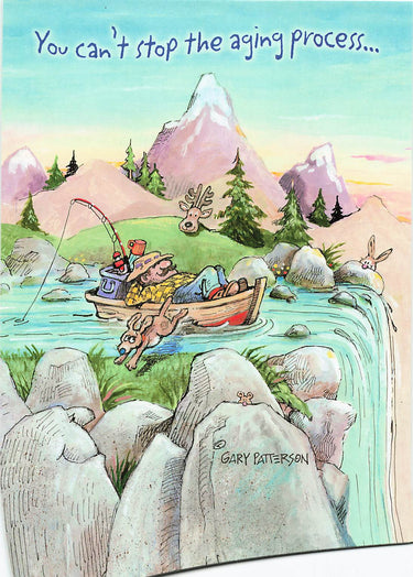 Greeting Card - Guy asleep boat headed at waterfall